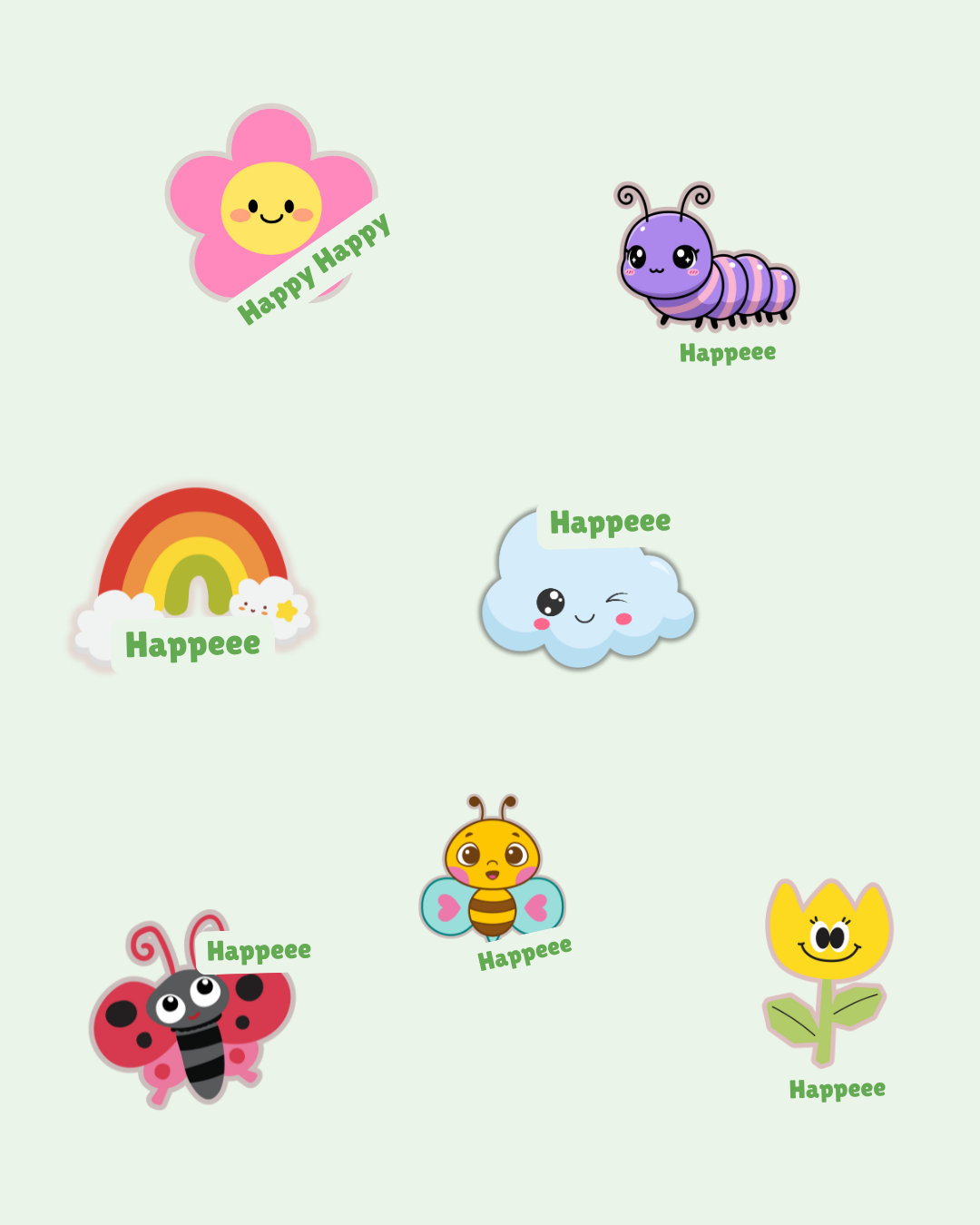 Happy Bugs & Flowers Sticker Sheet — Cute Cartoon Planner & Scrapbook Stickers