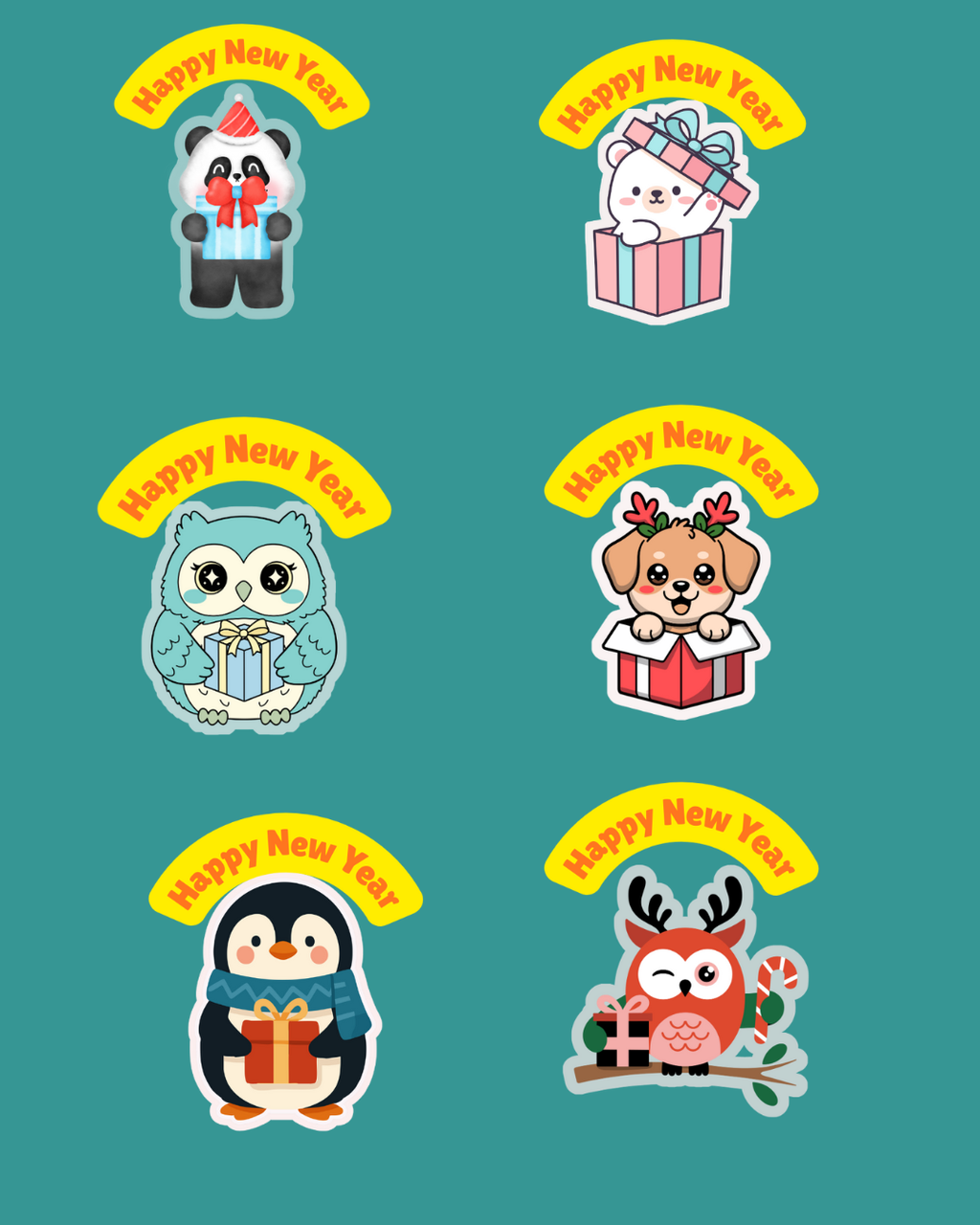 Cute Animal Sticker Sheet — Happy New Year Pets Stickers